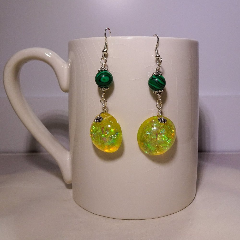 Opalescent earrings with malachite